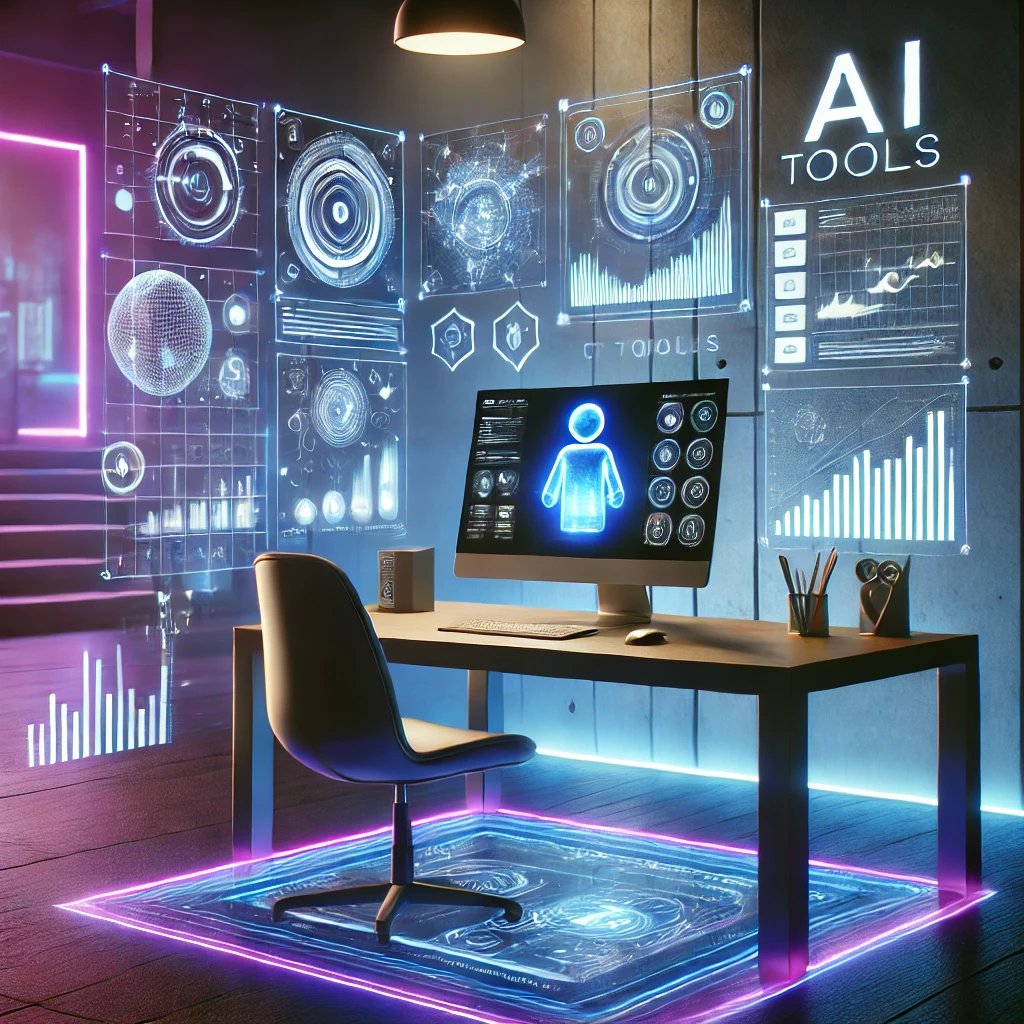 A futuristic desk setup showcasing AI tools for content creation. The scene features a sleek computer with holographic displays projecting analytics, graphs, and creative tools.